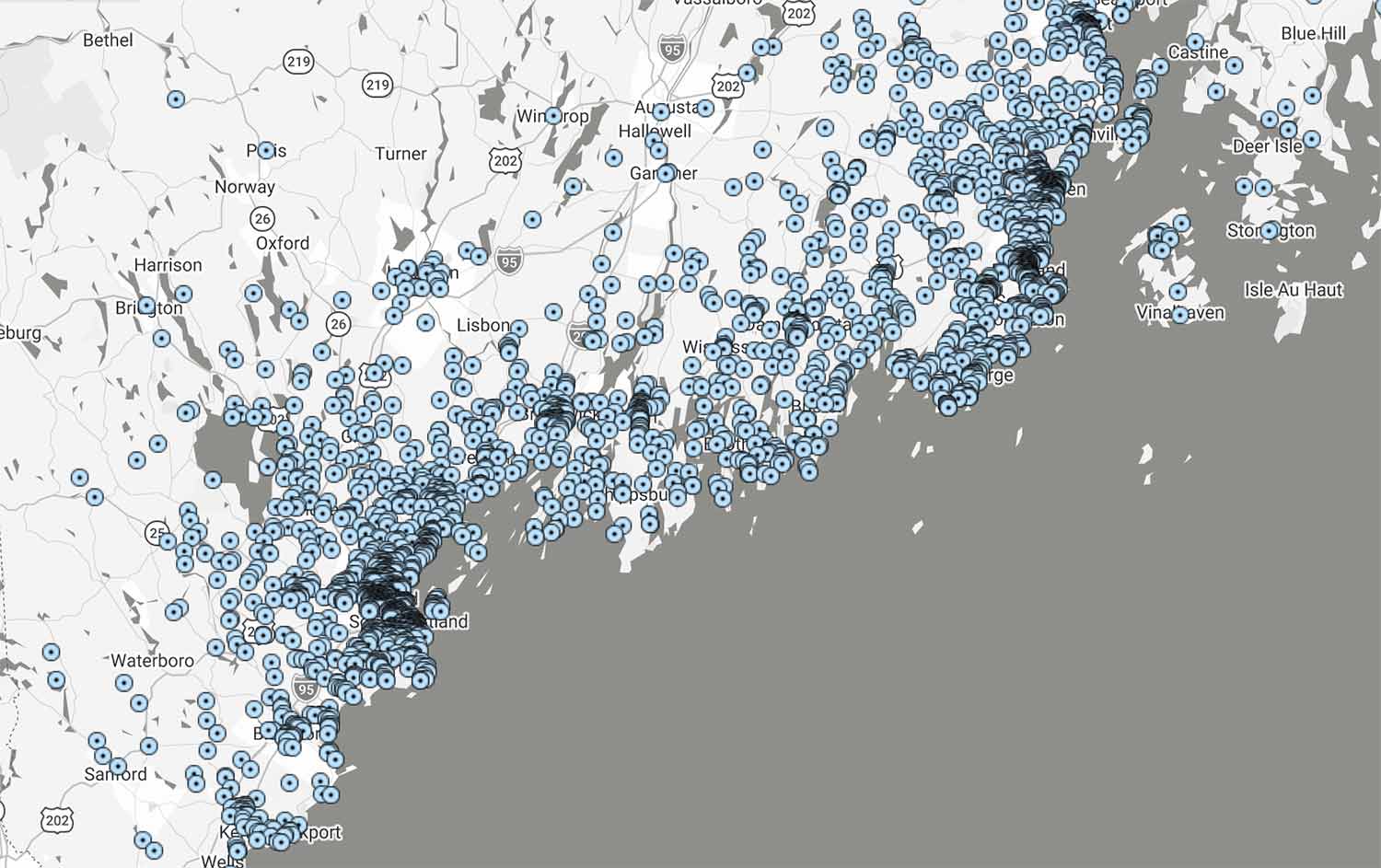 evergreen-service-area service area map - southern and coastal maine